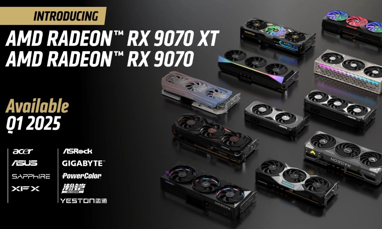 A modern and aesthetic illustration of the AMD Radeon RX 9070 XT graphics card showcasing its advanced technology and high performance.