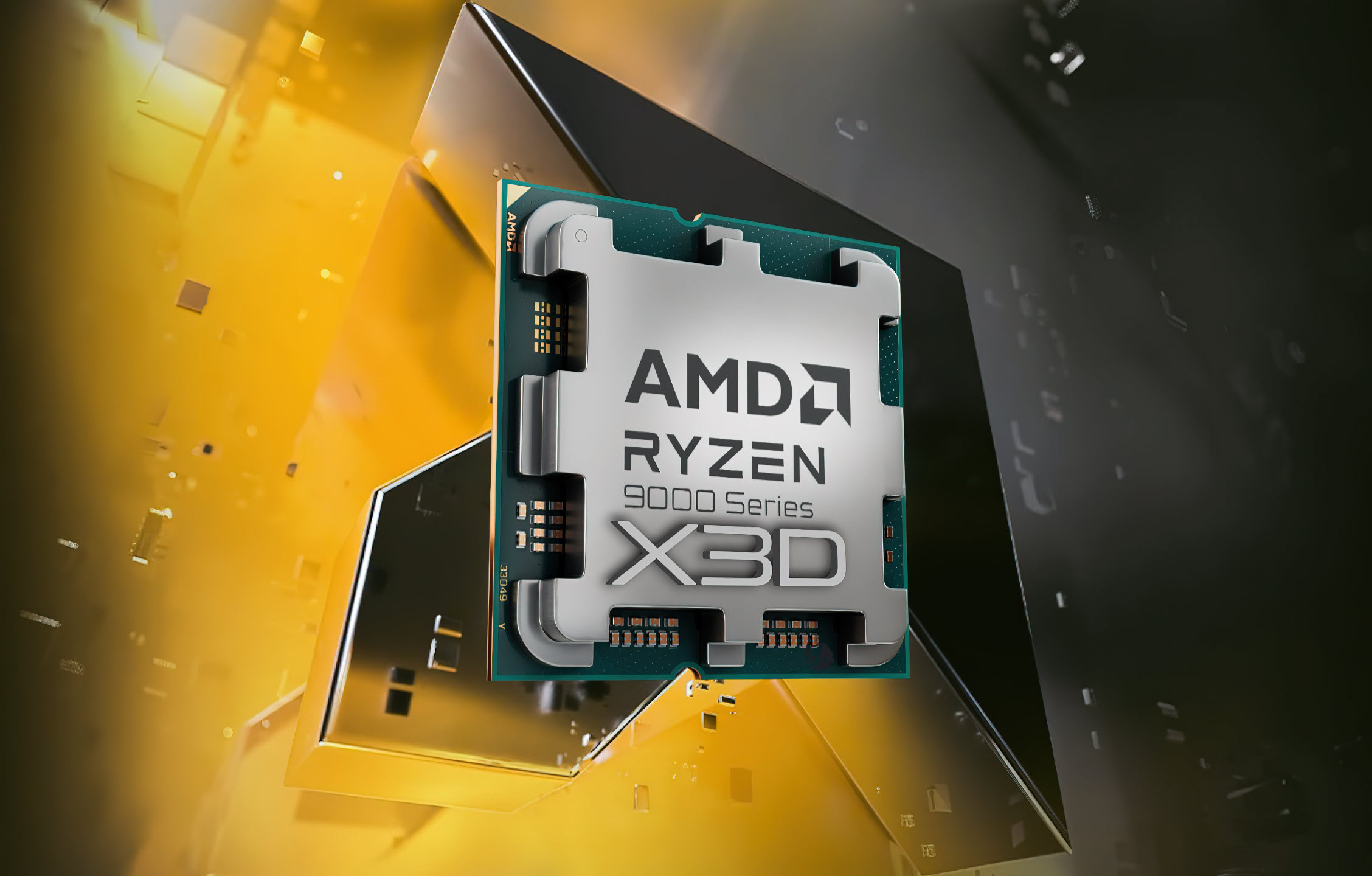 High-quality visual representation of AMD Ryzen 9 9950X3D CPU with futuristic design elements.