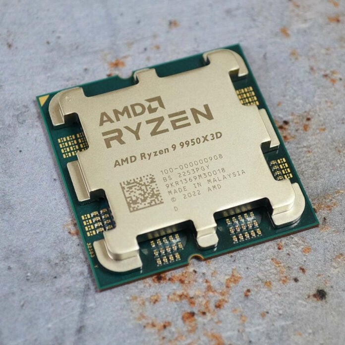 Visual representation of AMD Ryzen 9 9950X3D CPU showcasing modern technology and high performance.