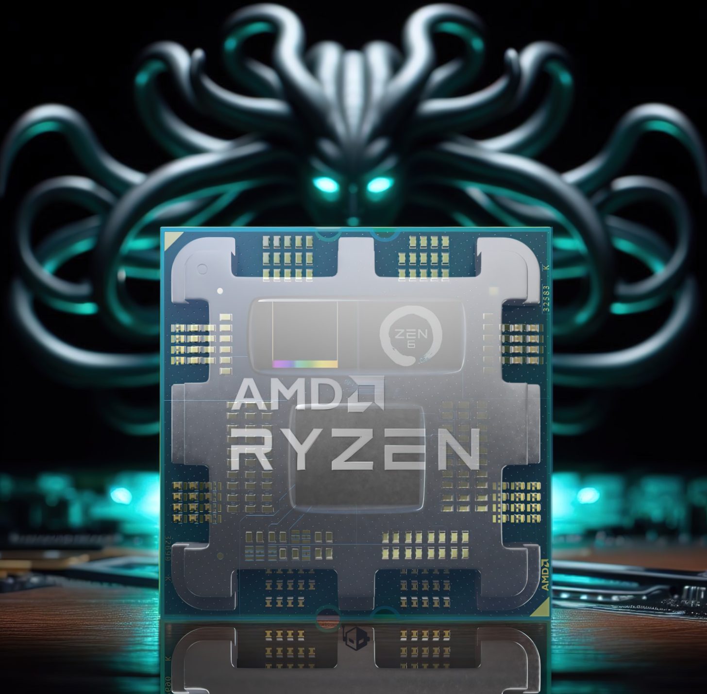 A modern and aesthetic visual representation of AMD Zen 6 Medusa Point showcasing futuristic technology elements.