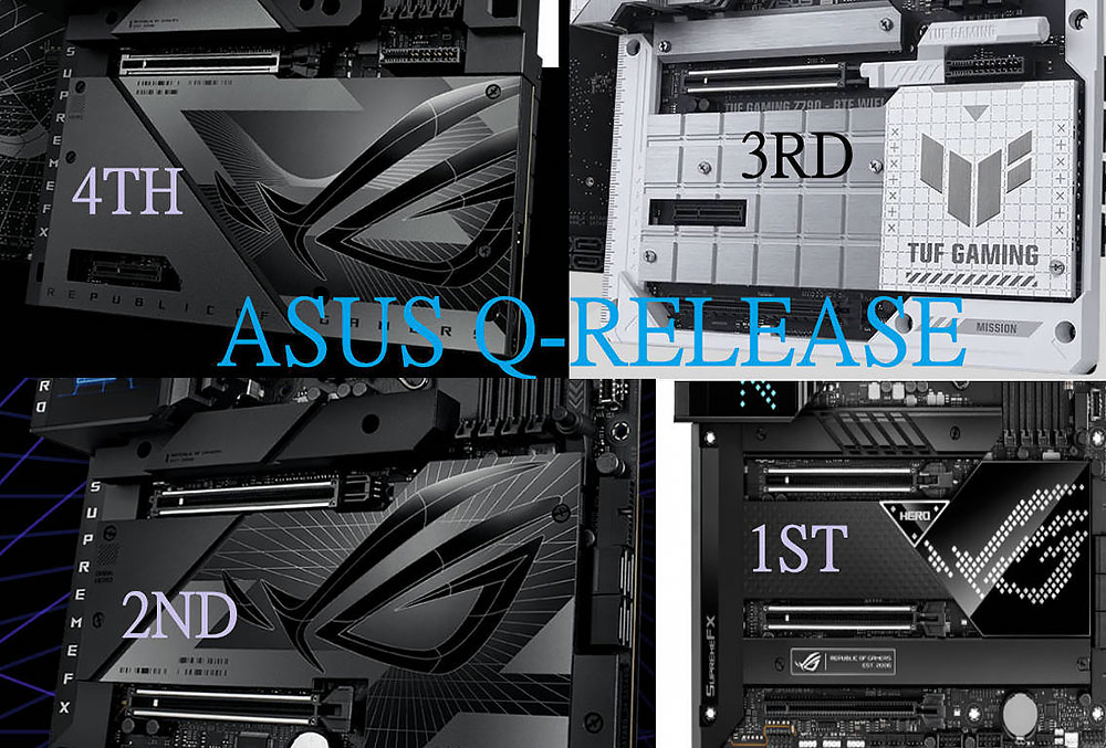 Infographic showing ASUS Q-Release mechanism and its function in preventing PCIe damage.