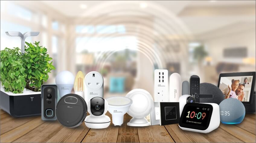 A modern living room featuring various smart home devices like a smart thermostat, smart lights, and a smart speaker, illustrating the concept of home automation.