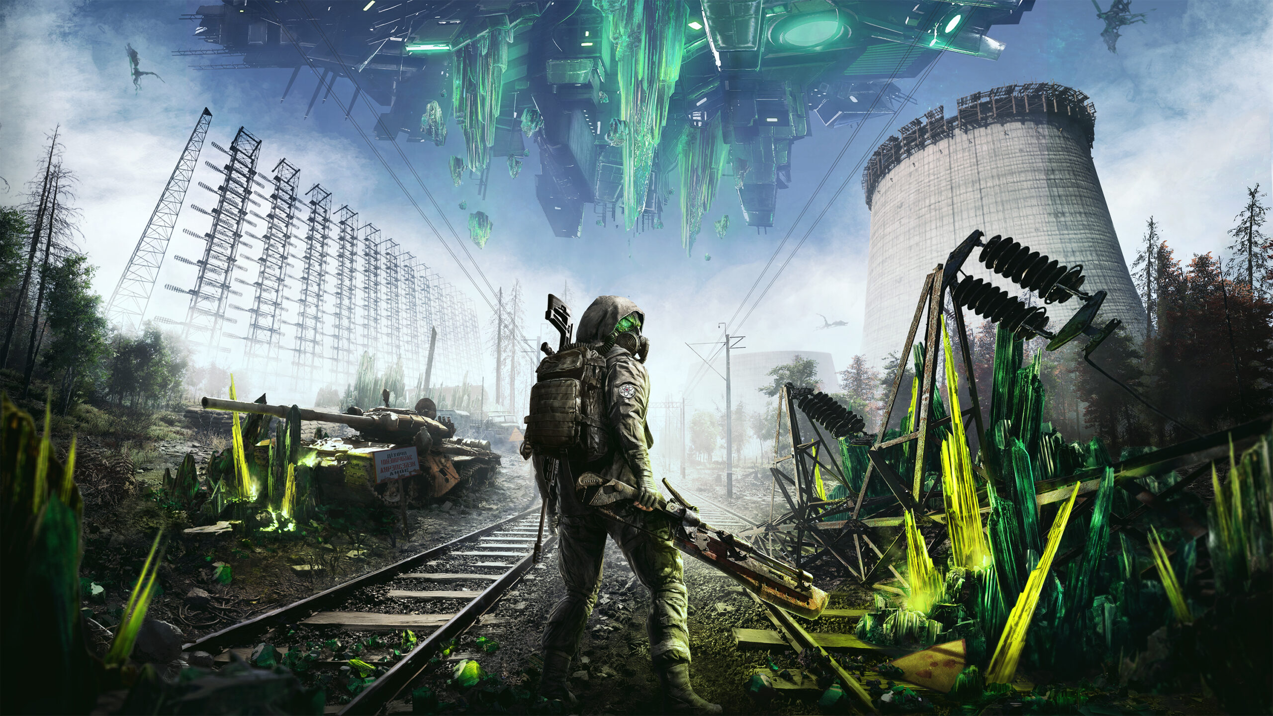 A chilling digital artwork of a post-apocalyptic landscape inspired by Chernobylite 2, featuring a gas-masked figure amidst abandoned ruins.