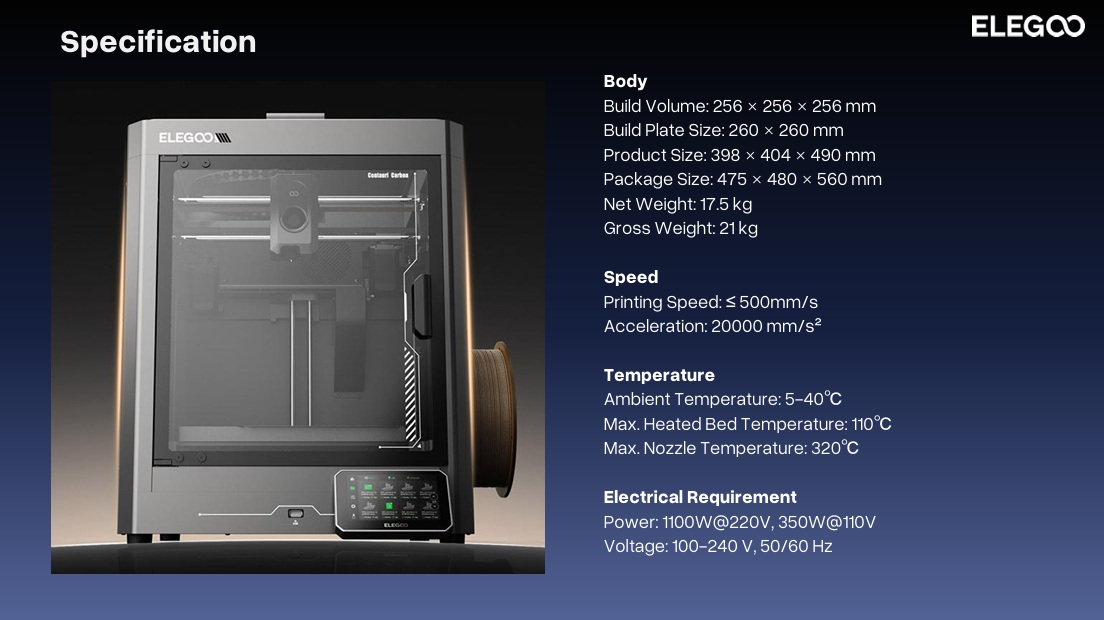 Sleek Elegoo Centauri Carbon 3D printer in a modern workshop setting, showcasing advanced features and carbon filament models.