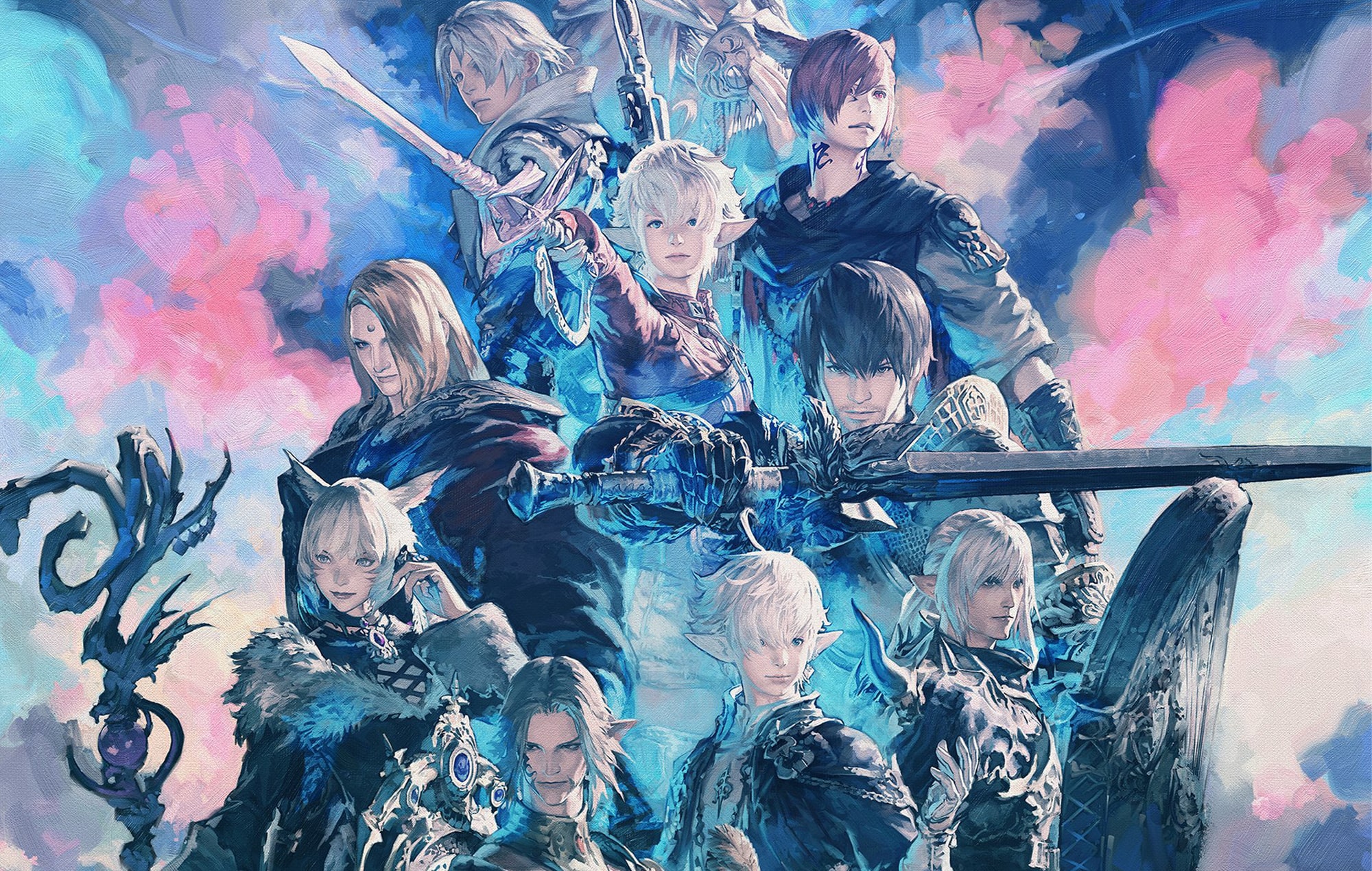 Artwork depicting Final Fantasy XIV Patch 7.2 featuring characters in a vibrant fantasy landscape.