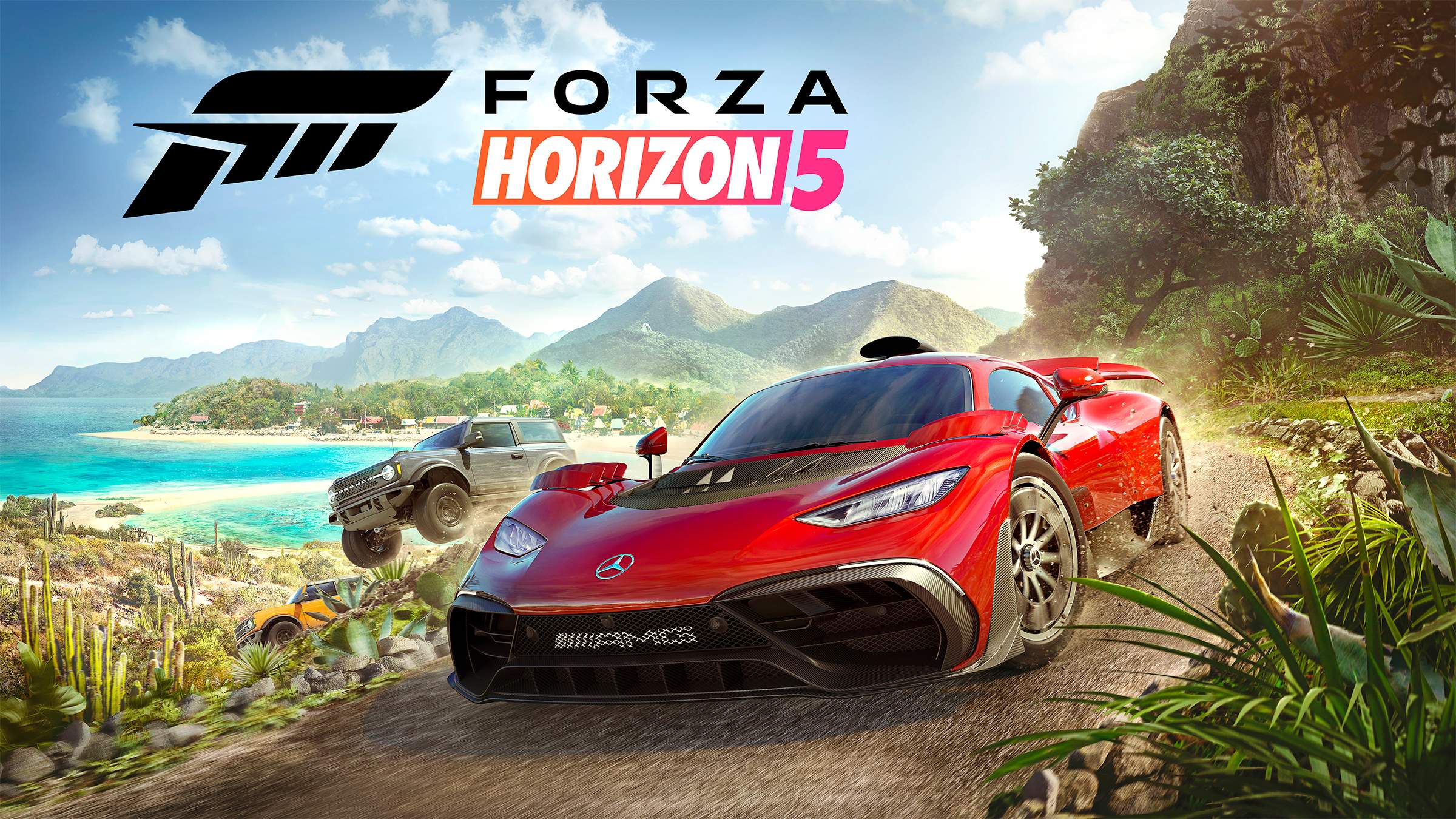 A vibrant digital artwork depicting a racing scene inspired by Forza Horizon 5, showcasing the rivalry between Xbox and PlayStation with futuristic cars in a scenic landscape.