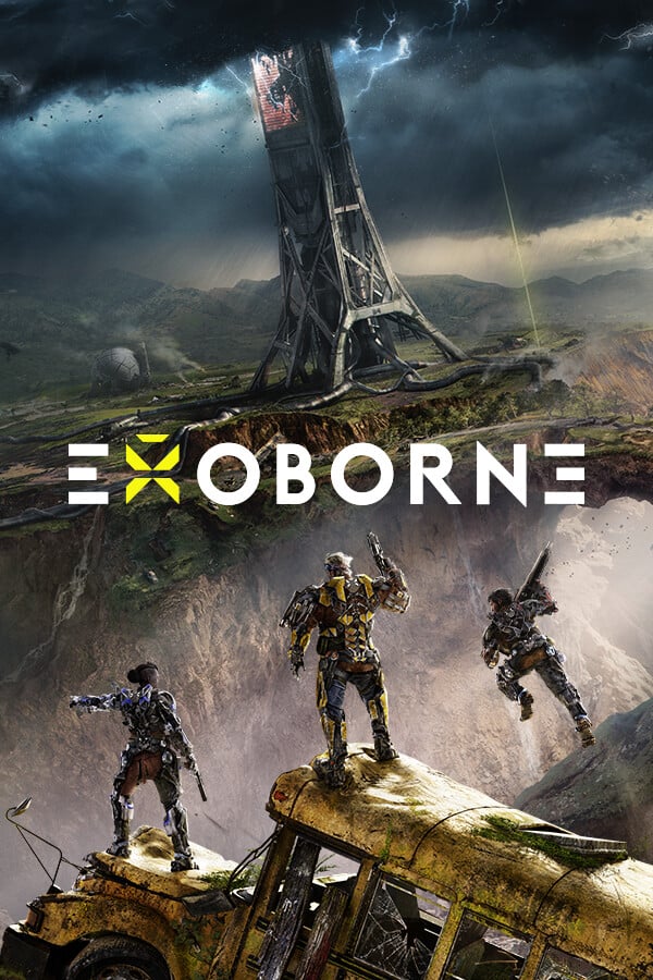 Futuristic tactical shooter game scene from Exoborne with players in high-tech exosuits amidst a dramatic landscape.