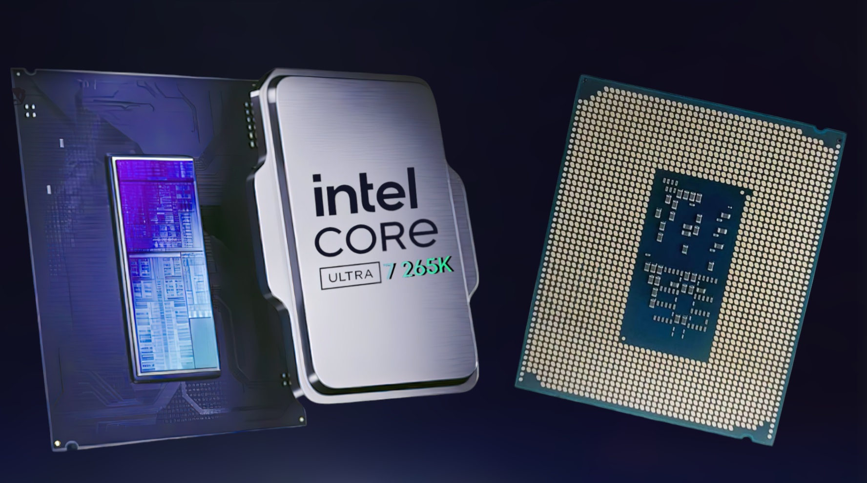 Illustration of Intel Core Ultra 7 265K processor with futuristic design elements.