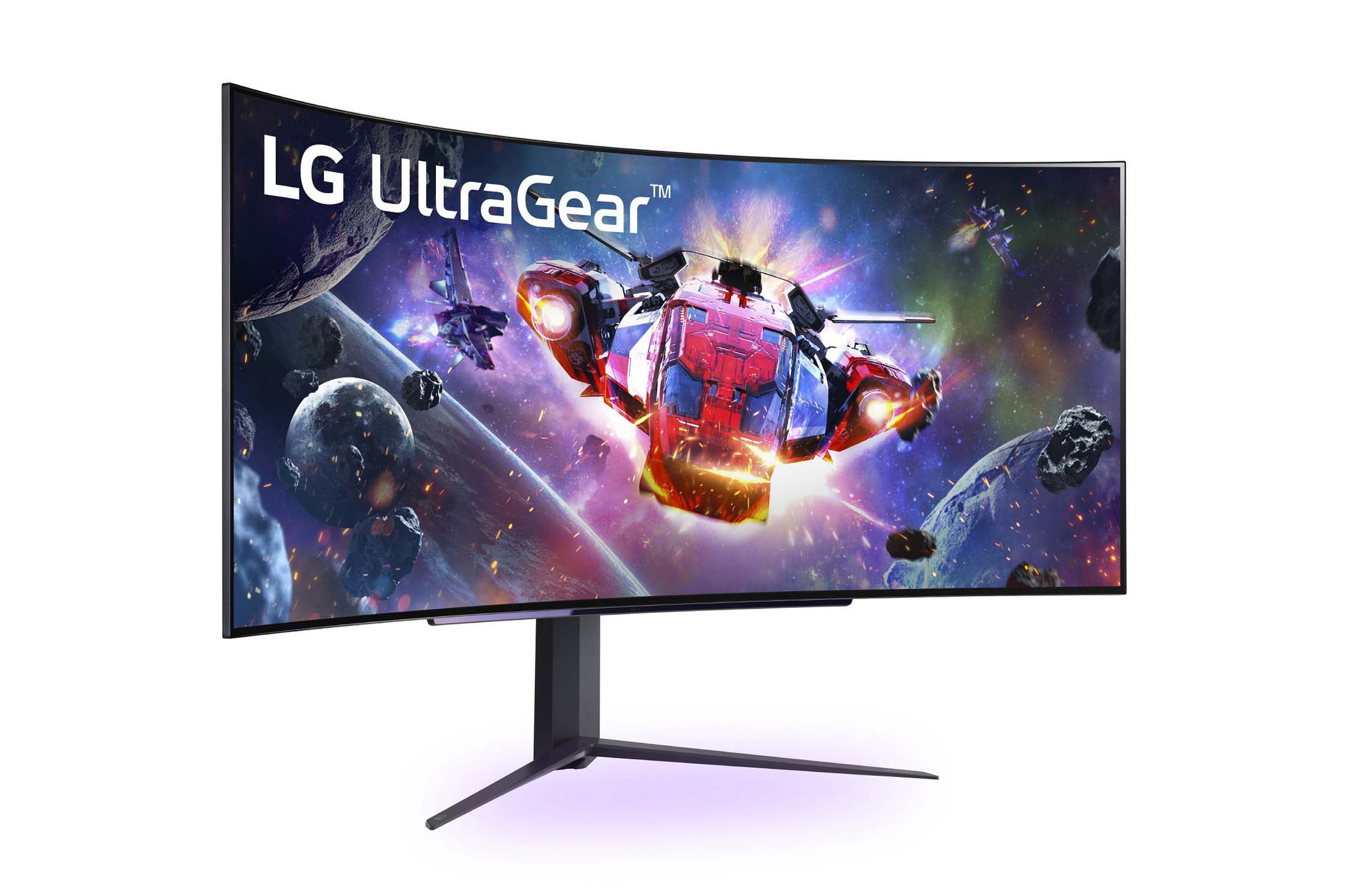 LG 5K OLED UltraGear 45GX950A gaming monitor displayed at CES 2025 tech fair.