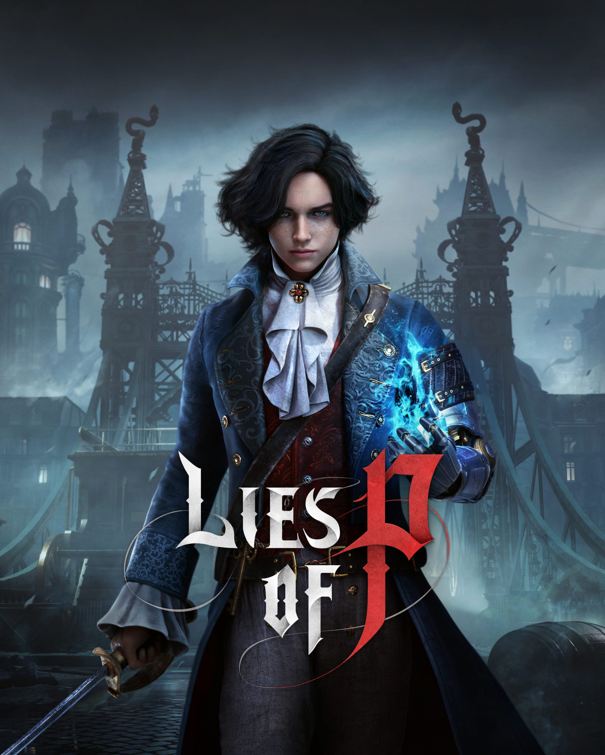 A digital artwork depicting a gothic fantasy scene inspired by Lies of P, featuring a character resembling Pinocchio in detailed armor, ready for battle in a dark cityscape.