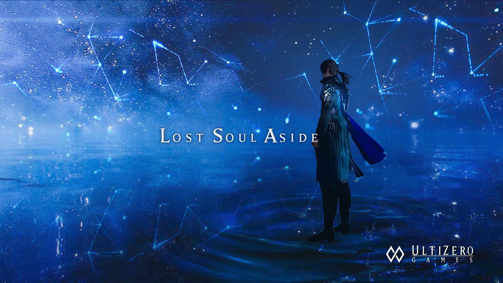 Promotional poster for Lost Soul Aside, an action RPG by UltiZero Games, featuring the main character with a glowing sword in a fantastical landscape.