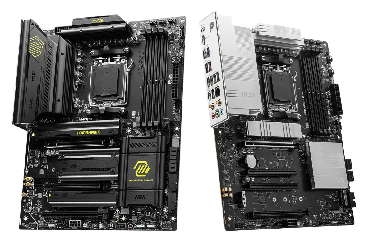 Futuristic Renkli AMD X870 motherboard illustration featuring a unique GPU extraction mechanism and an ON/OFF button in a high-tech workshop.