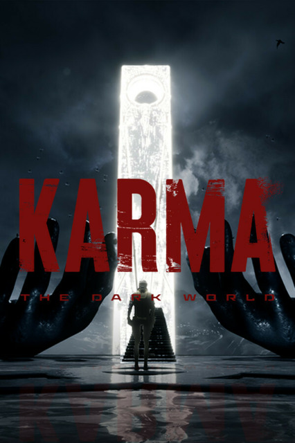 A modern digital artwork representing Karma: The Dark World, showcasing dark fantasy elements and a futuristic design, suitable for social media promotion.