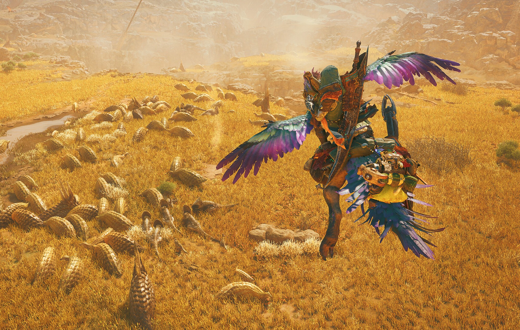 A dynamic digital artwork depicting Monster Hunter Wilds mods and difficulty, featuring mythical monsters and a vibrant landscape.