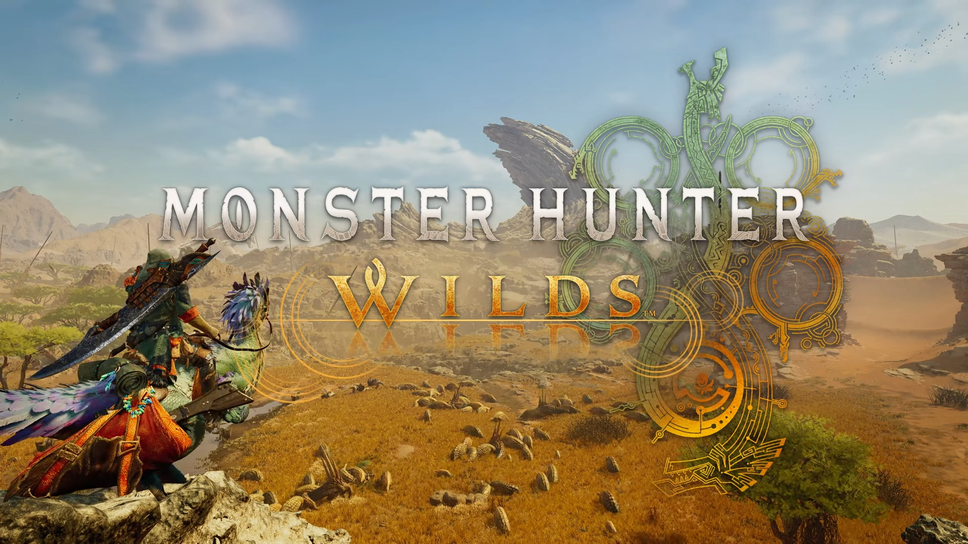 Monster Hunter Wilds themed graphic design showcasing gameplay on GeForce NOW, featuring iconic monsters and hunters in a technological setting.