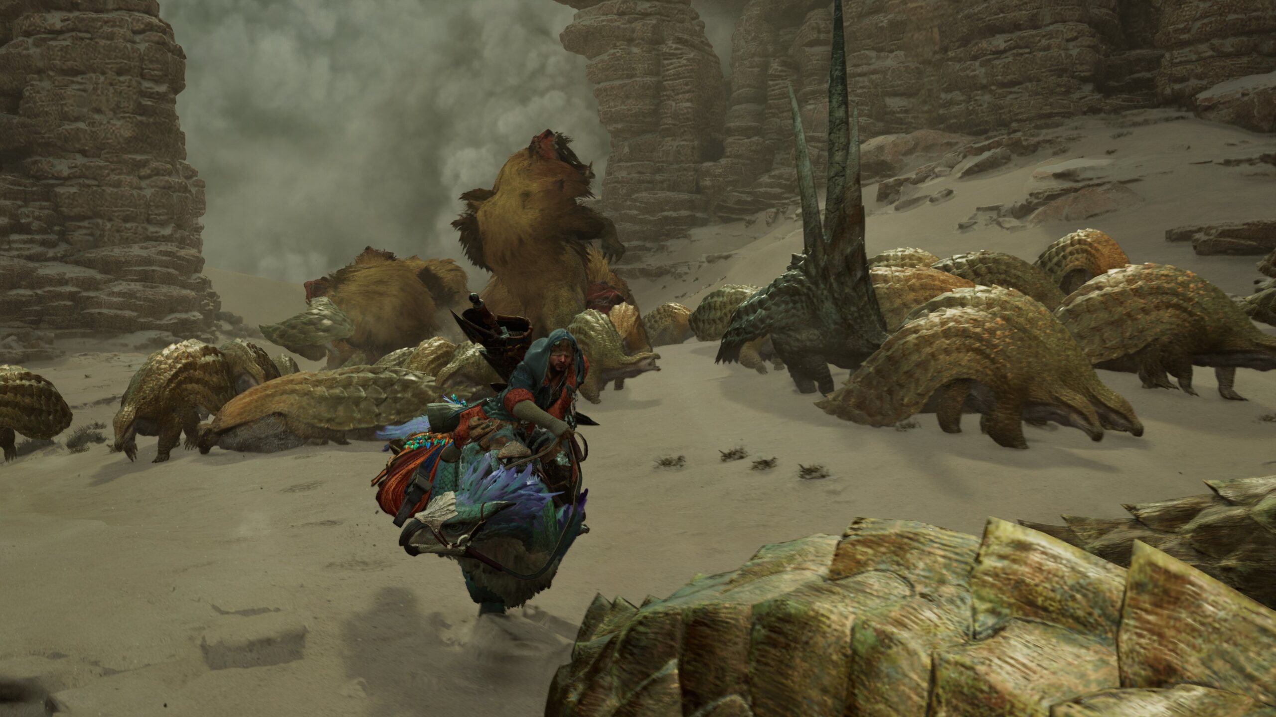 An epic scene from Monster Hunter Wilds featuring a hunter and a mythical creature in a lush fantasy environment.