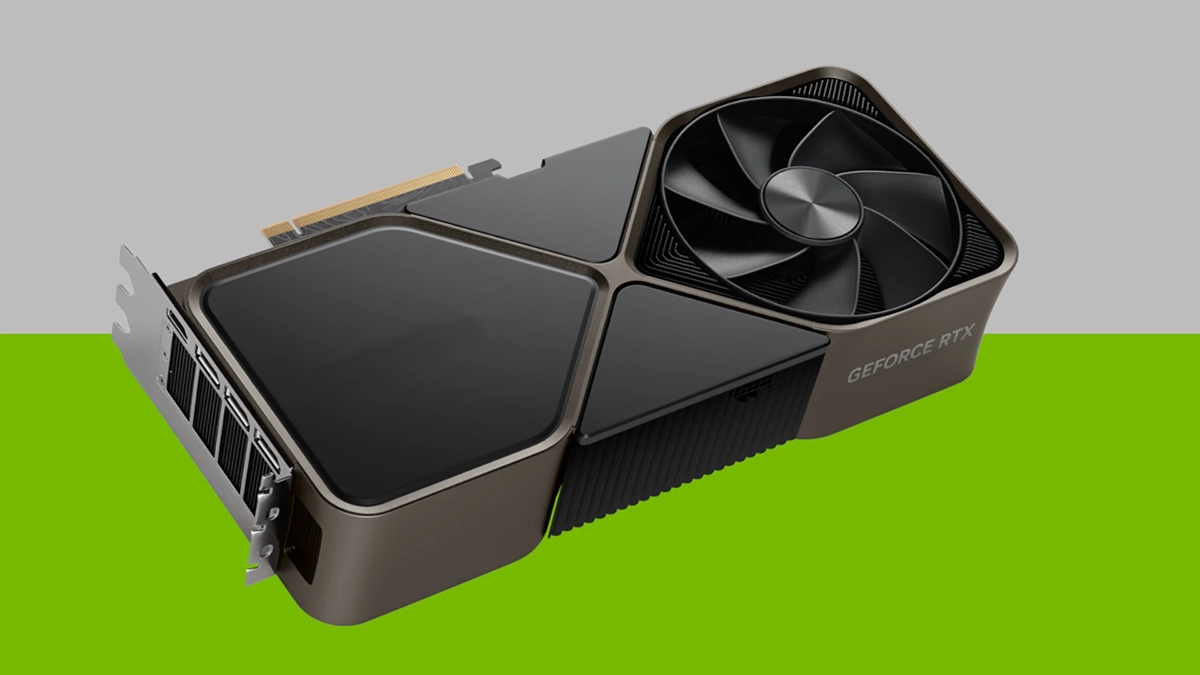 Futuristic digital art of NVIDIA RTX 5090 graphics card in a high-tech gaming environment.