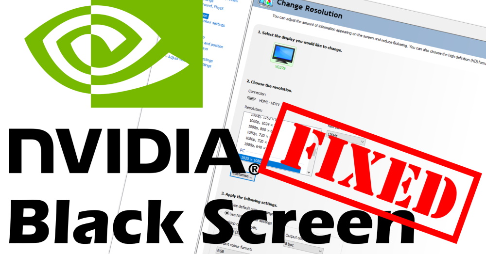 High-quality digital artwork representing NVIDIA black screen issue and driver update solution.