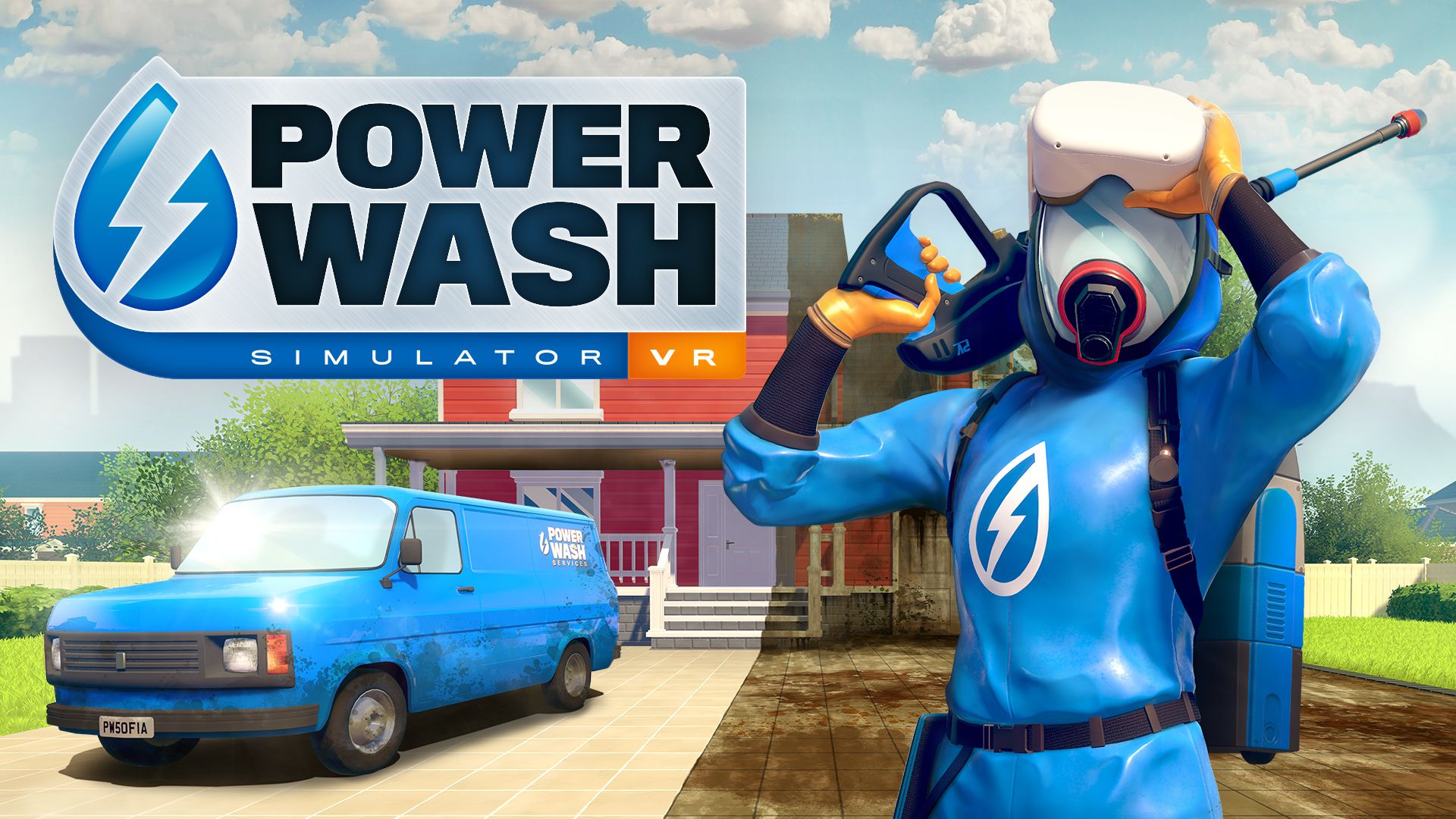 A modern and aesthetic representation of PowerWash Simulator 2 featuring a futuristic power washer against a vibrant cleaned background.