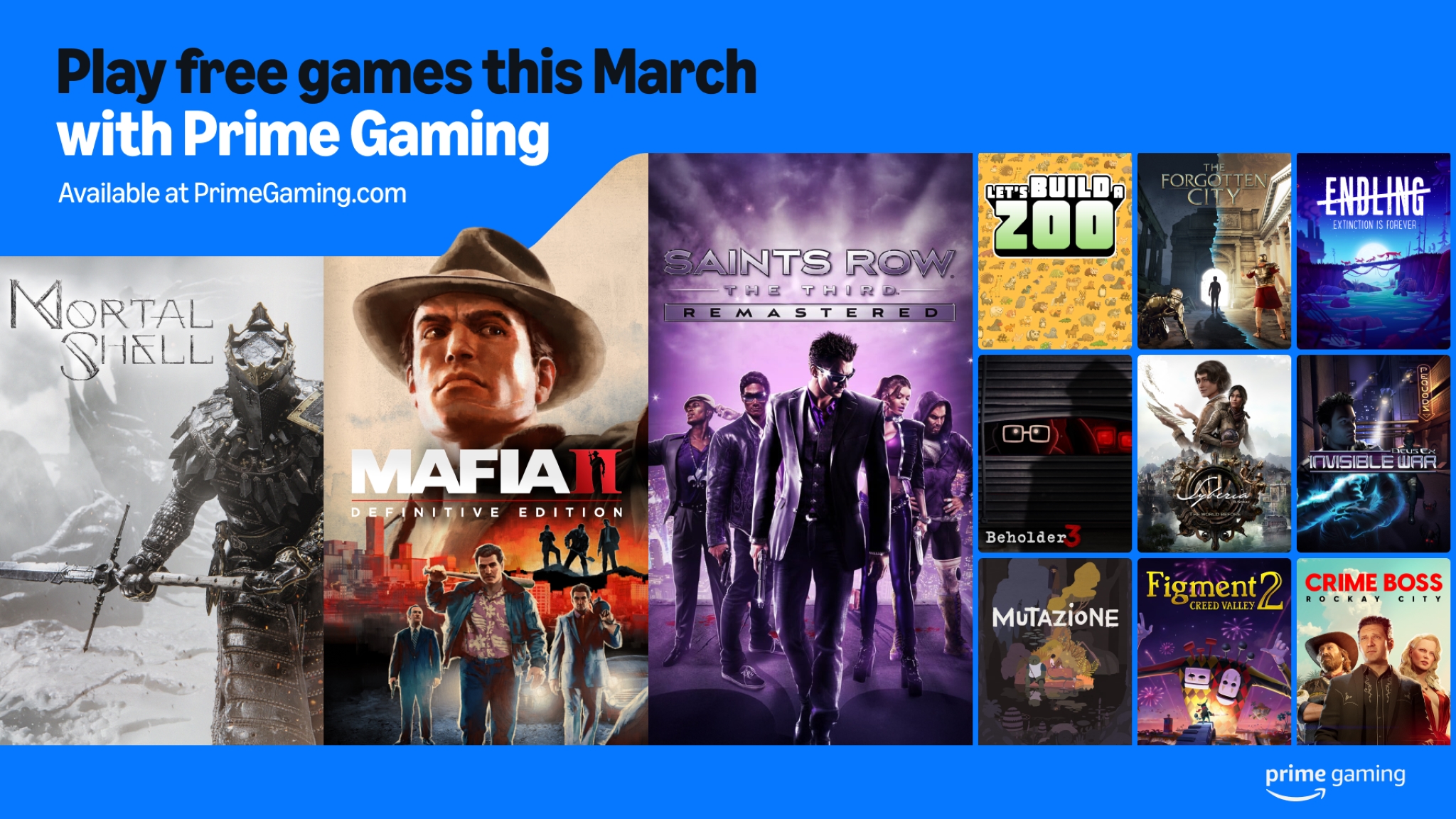 Graphic design showcasing Prime Gaming March 2025 games with vibrant colors and gaming symbols.