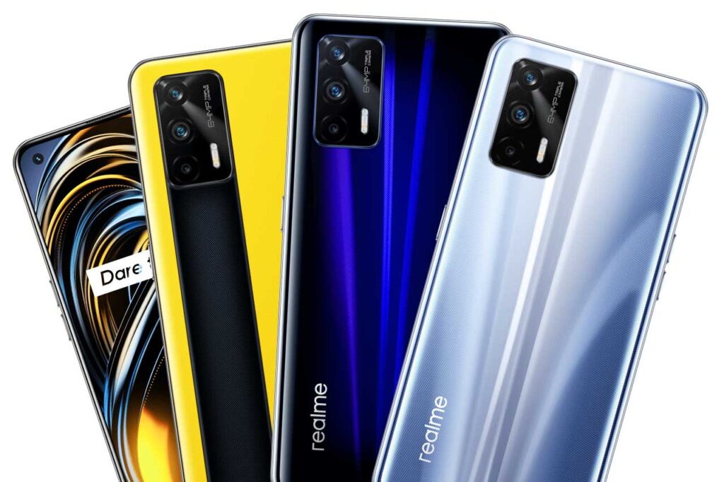 Futuristic smartphone design inspired by Realme GT series featuring a vibrant color palette and innovative camera design.