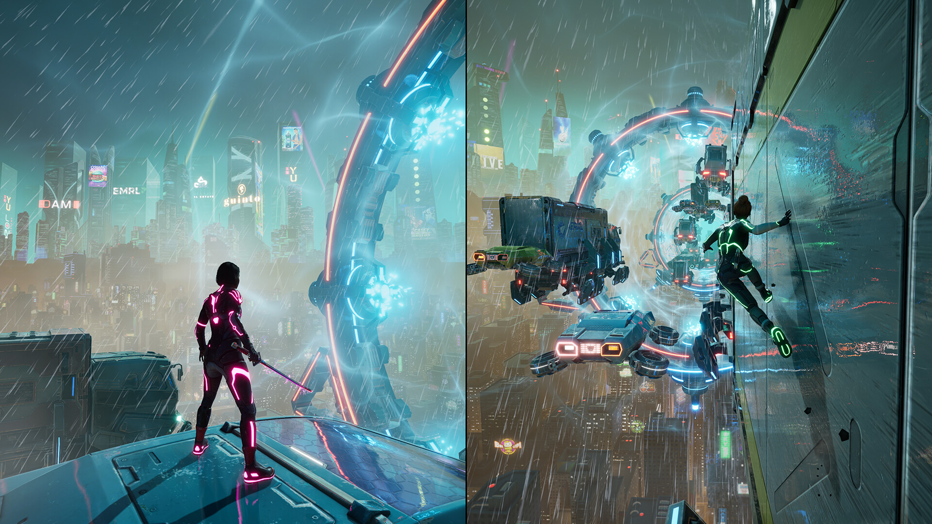 Modern graphic design showcasing the PC requirements for the game Split Fiction, featuring futuristic elements and a vibrant color scheme.