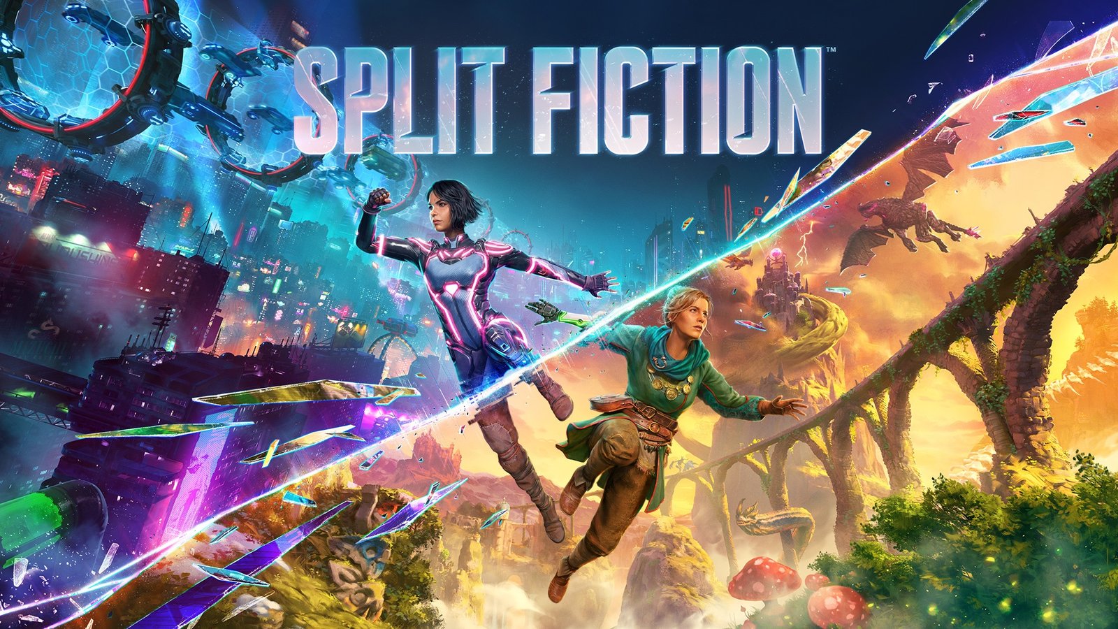 Futuristic and aesthetic graphic representation of the Split Fiction game showcasing its crossover gameplay features.