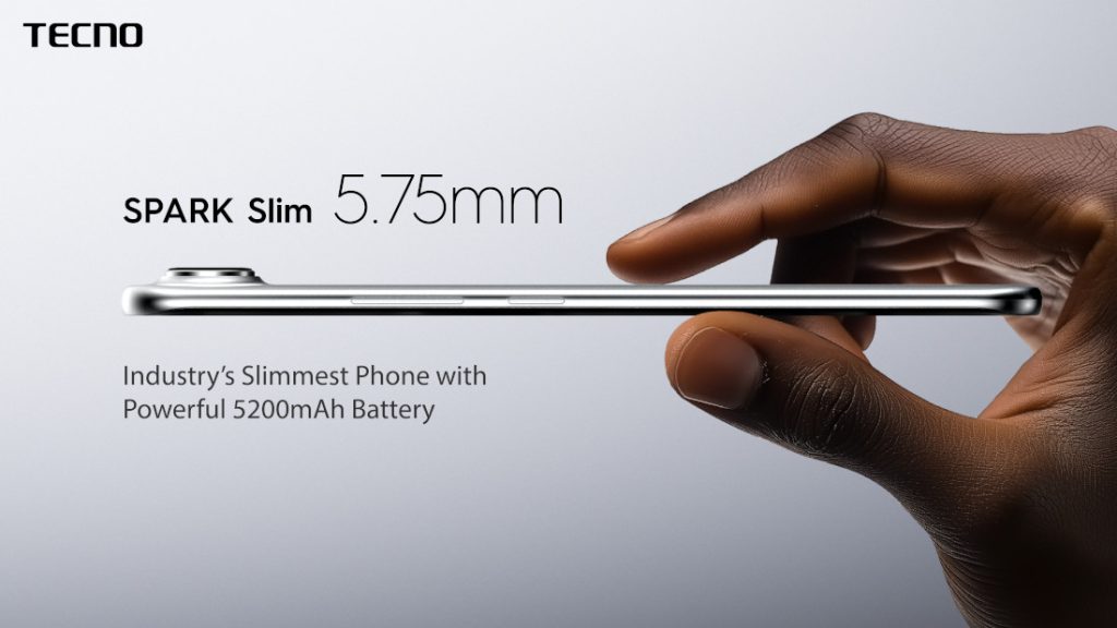 Visual representation of the TECNO SPARK Slim smartphone in a modern, sleek design.