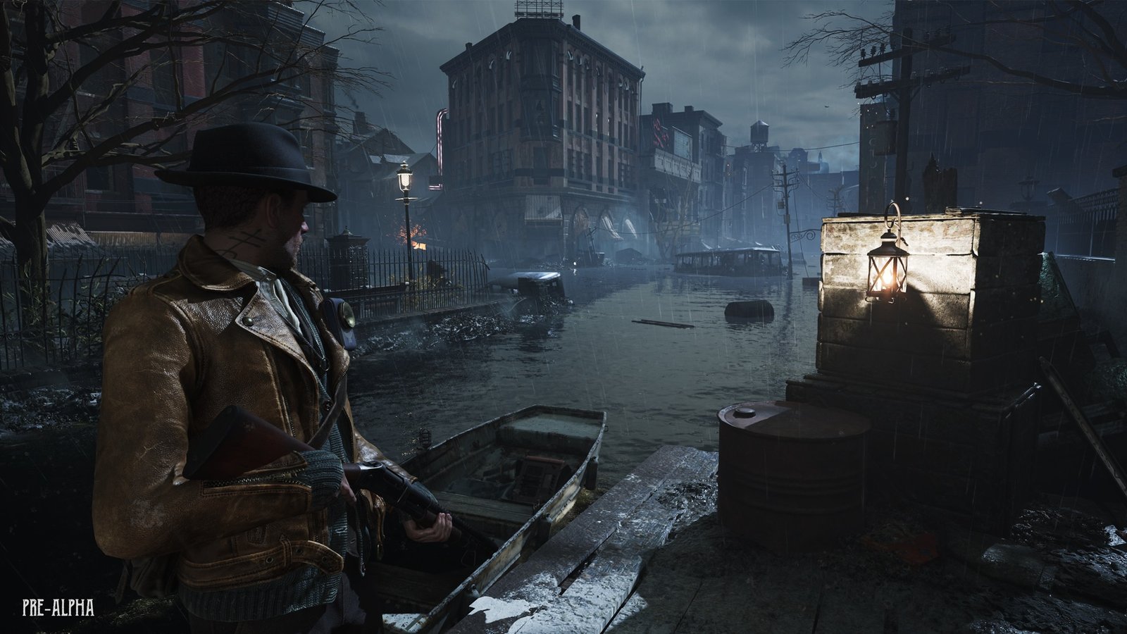 A dark atmospheric cityscape representing The Sinking City 2, showcasing submerged buildings and eerie effects in a Lovecraftian style.