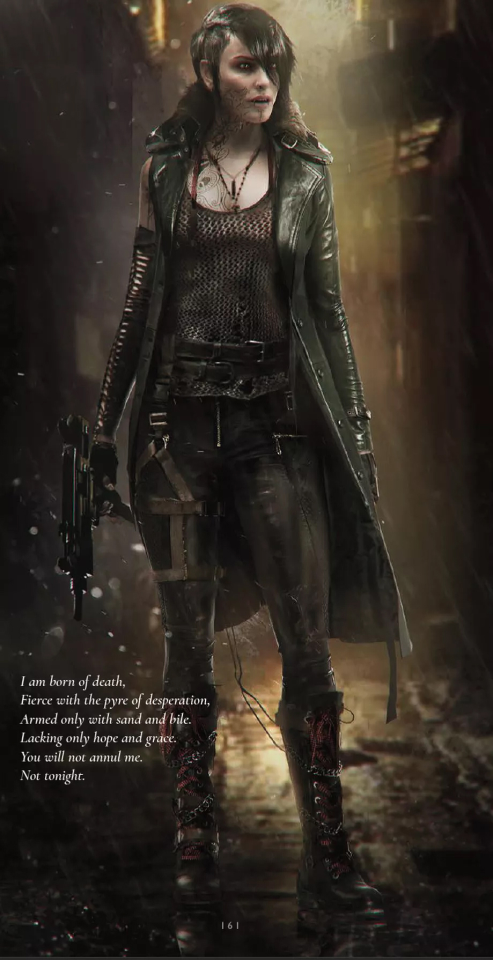 A modern and aesthetic depiction of Phyre from Vampire: The Masquerade - Bloodlines 2, featuring a futuristic vampire character in a dark cityscape.