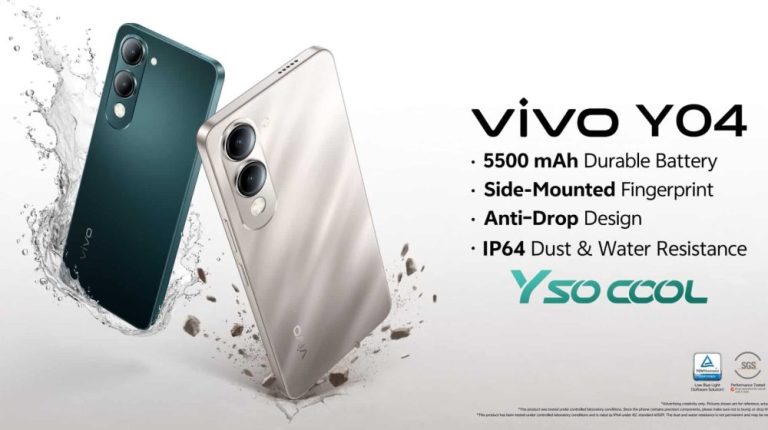 High-quality visual representation of Vivo Y04 showcasing its sleek design and long-lasting battery features.