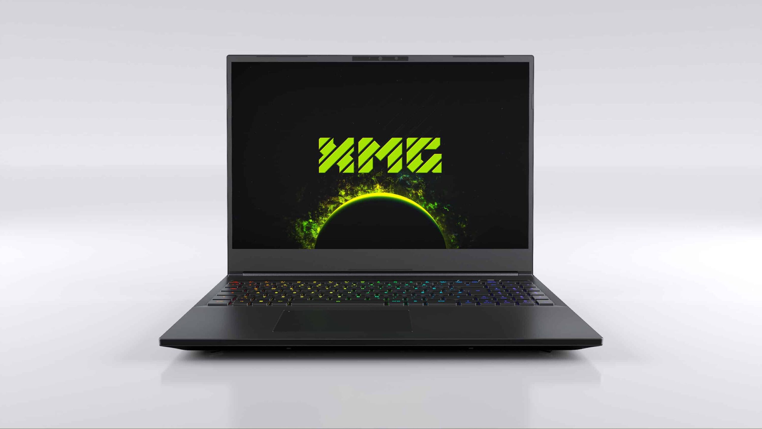 A modern and aesthetic representation of the XMG NEO 16 gaming laptop showcasing its features and design.