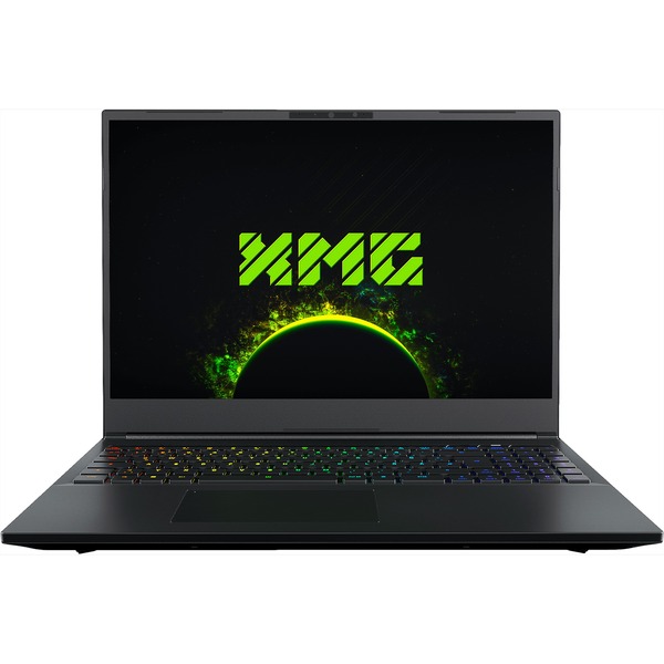 High-quality image of the XMG NEO 16 gaming laptop on a modern gaming desk with RGB lighting.