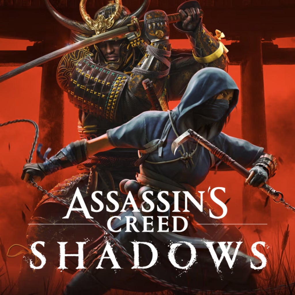 An aesthetic representation of Assassin's Creed Shadows arriving on Nintendo Switch 2, featuring a dark cityscape and iconic game symbols.