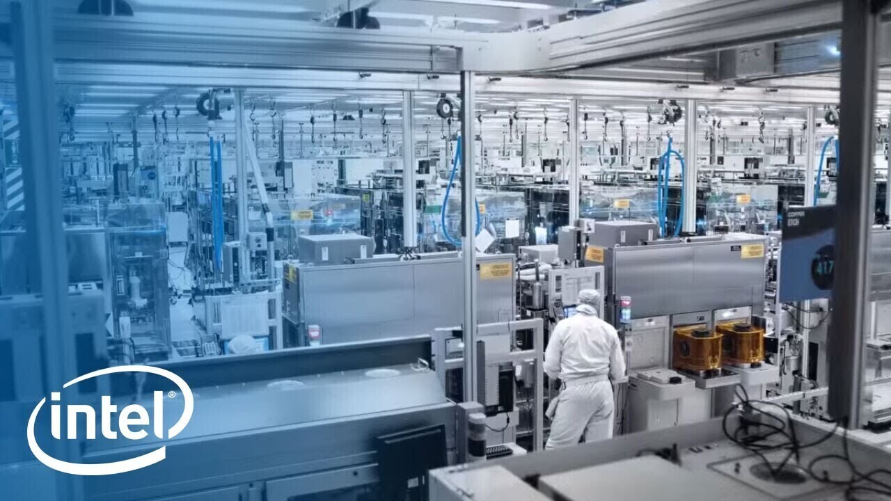 Modern visual representation of Intel chip production in collaboration with TSMC, showcasing a high-tech semiconductor manufacturing facility.