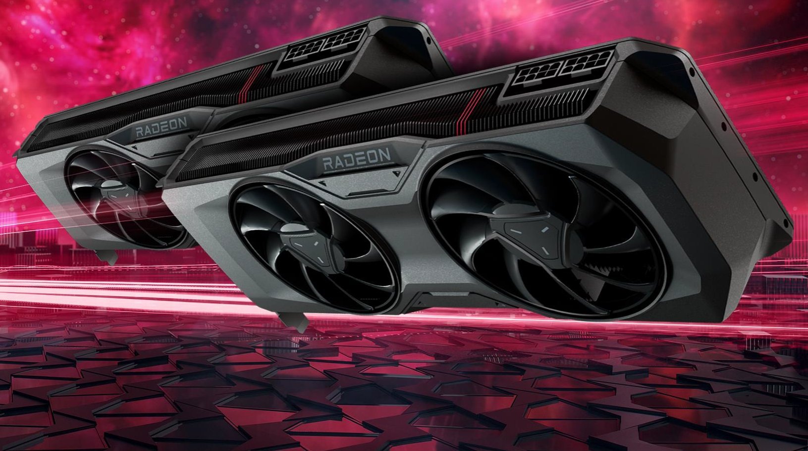 Artistic representation of the AMD Radeon RX 9070 graphics card with a futuristic design and glowing elements.