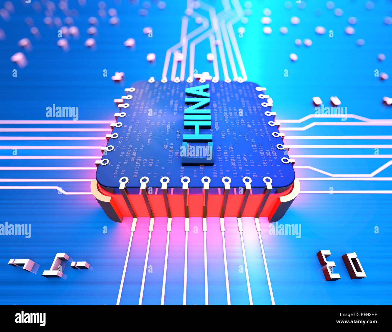 Modern illustration of China's chip technology advancements over South Korea, featuring futuristic designs and circuit patterns.