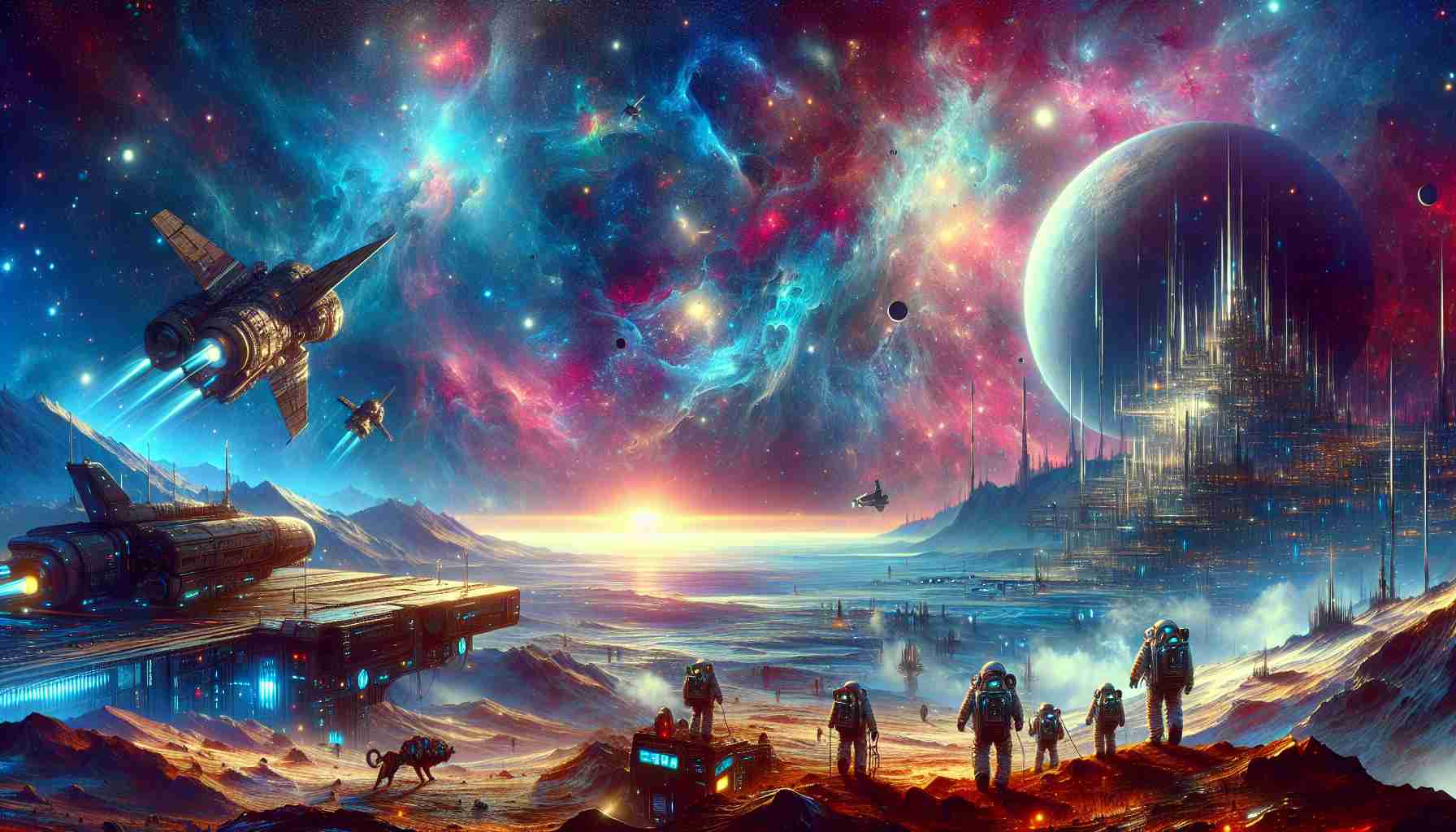 Digital artwork of a futuristic space scene inspired by EVE Frontier, featuring a galaxy, black hole, and diverse characters exploring a space station.