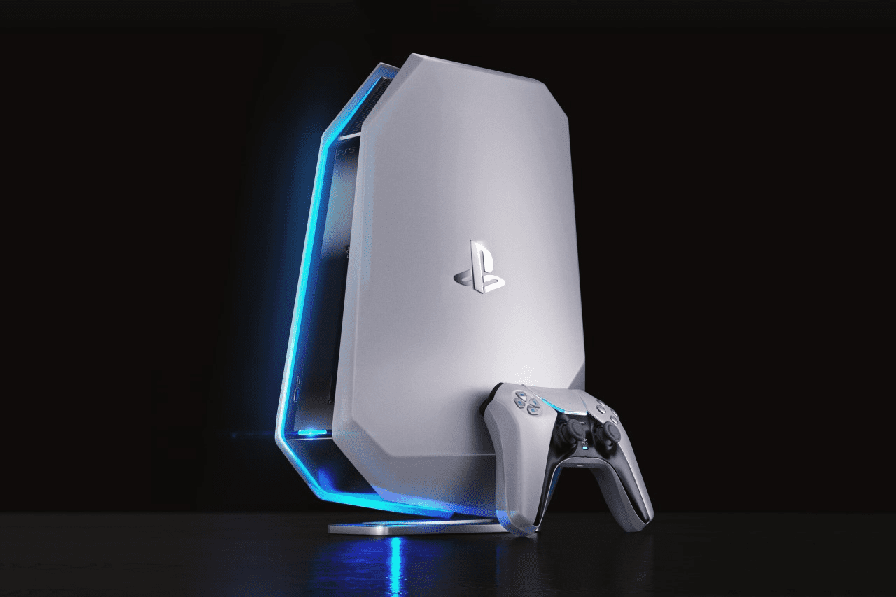 Futuristic PlayStation 6 console in a modern gaming setup with vibrant LED lights and a high-definition TV displaying game graphics.