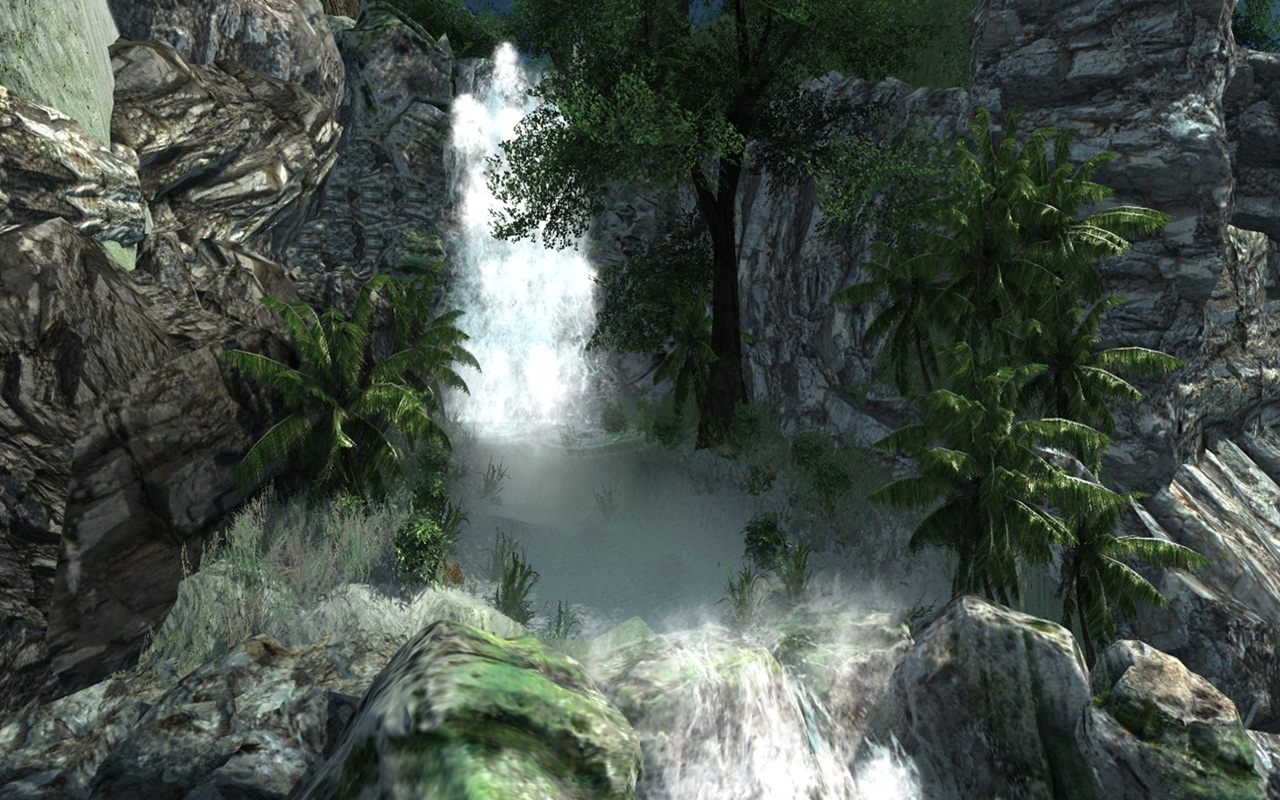 A stunning video game landscape showcasing various waterfalls with characters from popular games admiring the beautiful scenery.