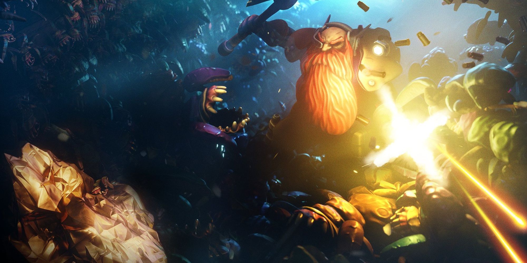 A digital artwork depicting a futuristic alien landscape with dwarven characters exploring caves, inspired by Deep Rock Galactic: Survivor.