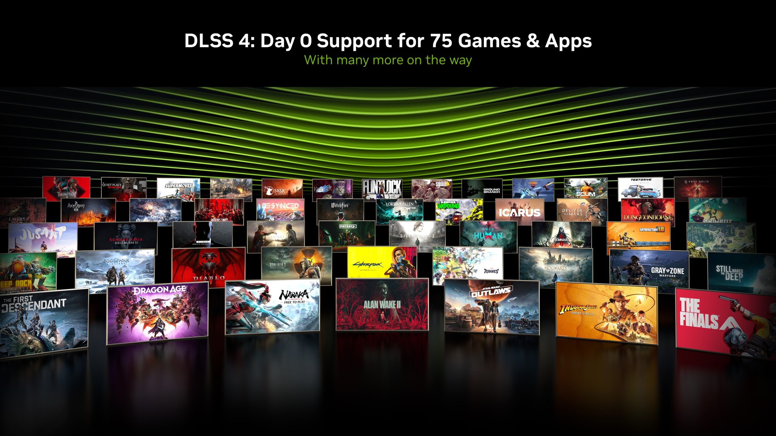 High-quality visual showcasing DLSS 4 supported games with futuristic gaming graphics and technology elements.