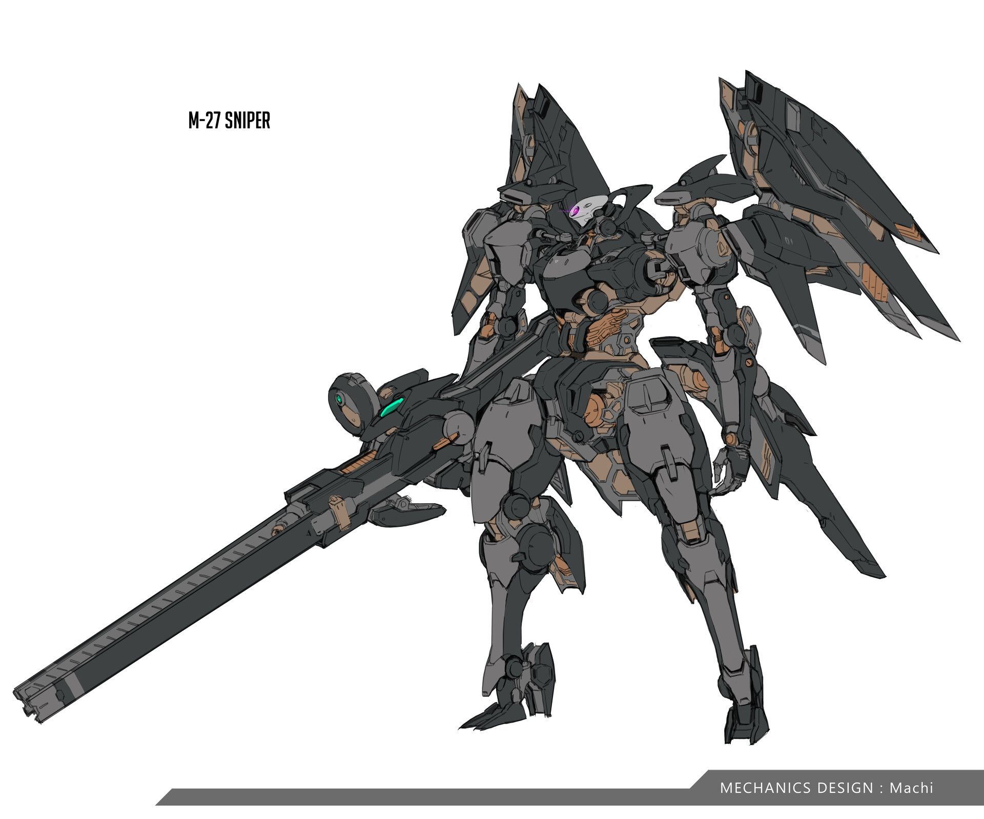 Futuristic mecha sniper character design from Amazing Seasun Games in a sci-fi landscape.