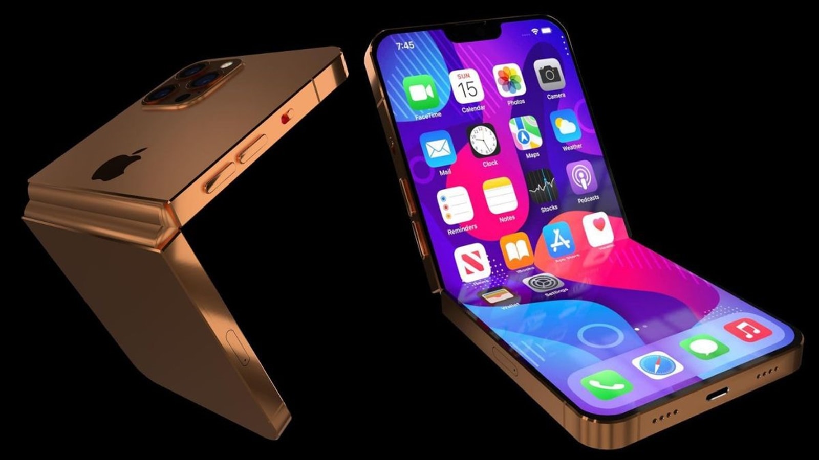 A modern and aesthetic representation of a foldable iPhone showcasing its innovative design and user interface.