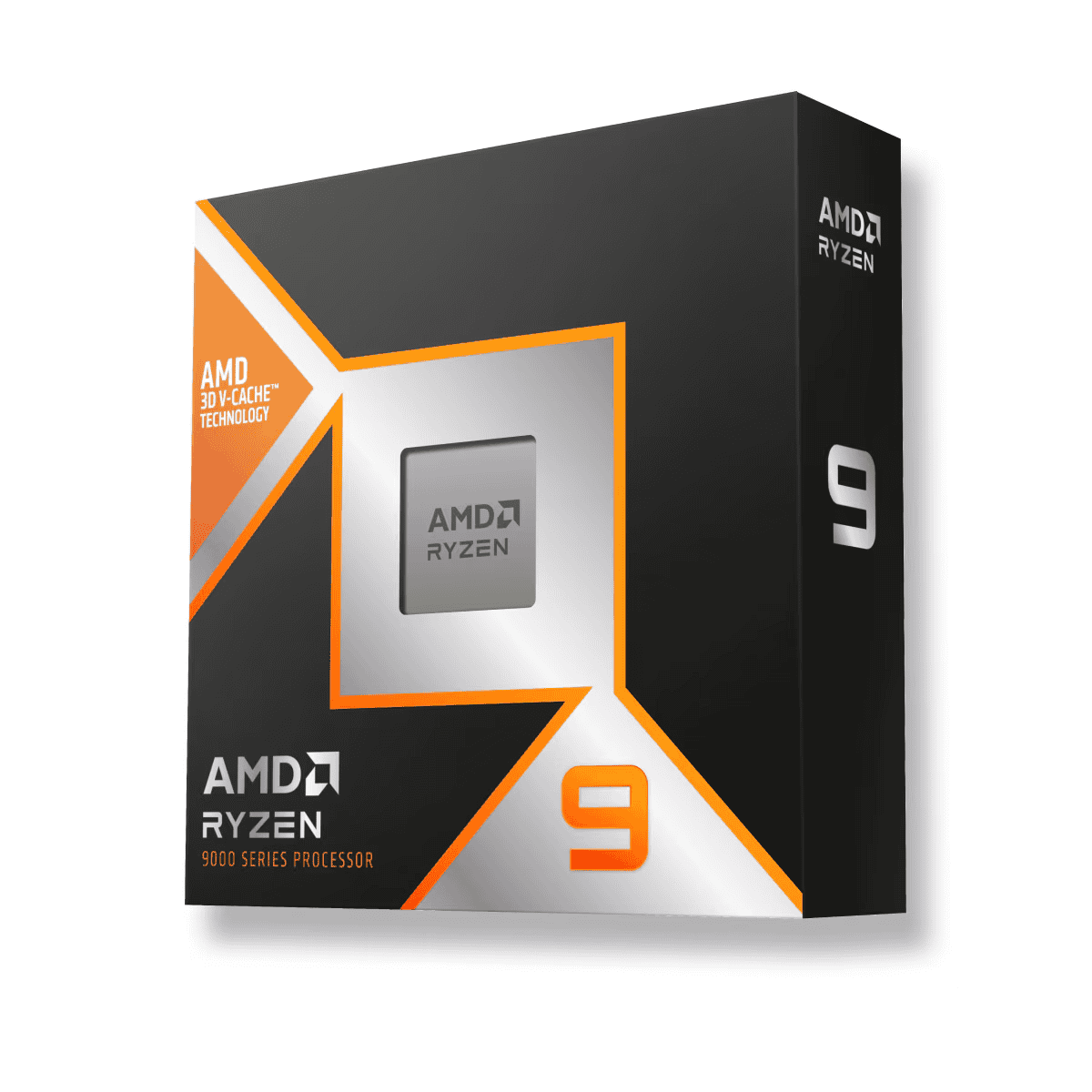 Visual representation of AMD Ryzen 9 9950X3D processor with benchmark results, showcasing modern technology and design.