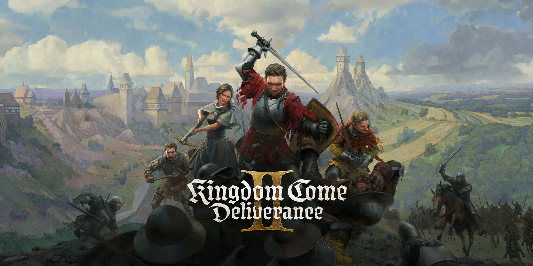 Promotional poster for Kingdom Come Deliverance 2 showcasing new graphics mods with a medieval knight in a lush landscape.