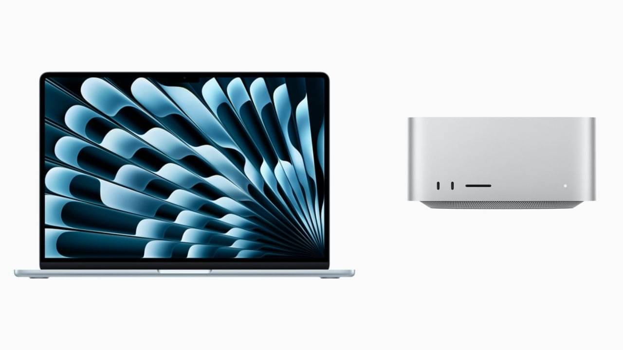 A modern illustration showcasing the M4 MacBook Air with performance test results, featuring sleek design and technological elements.