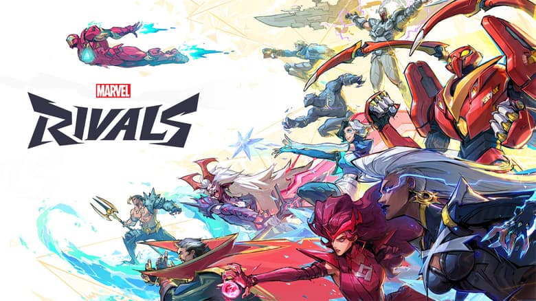 A digital artwork showcasing Marvel Rivals with an emphasis on new updates and layoffs, featuring iconic characters in a high-tech environment.