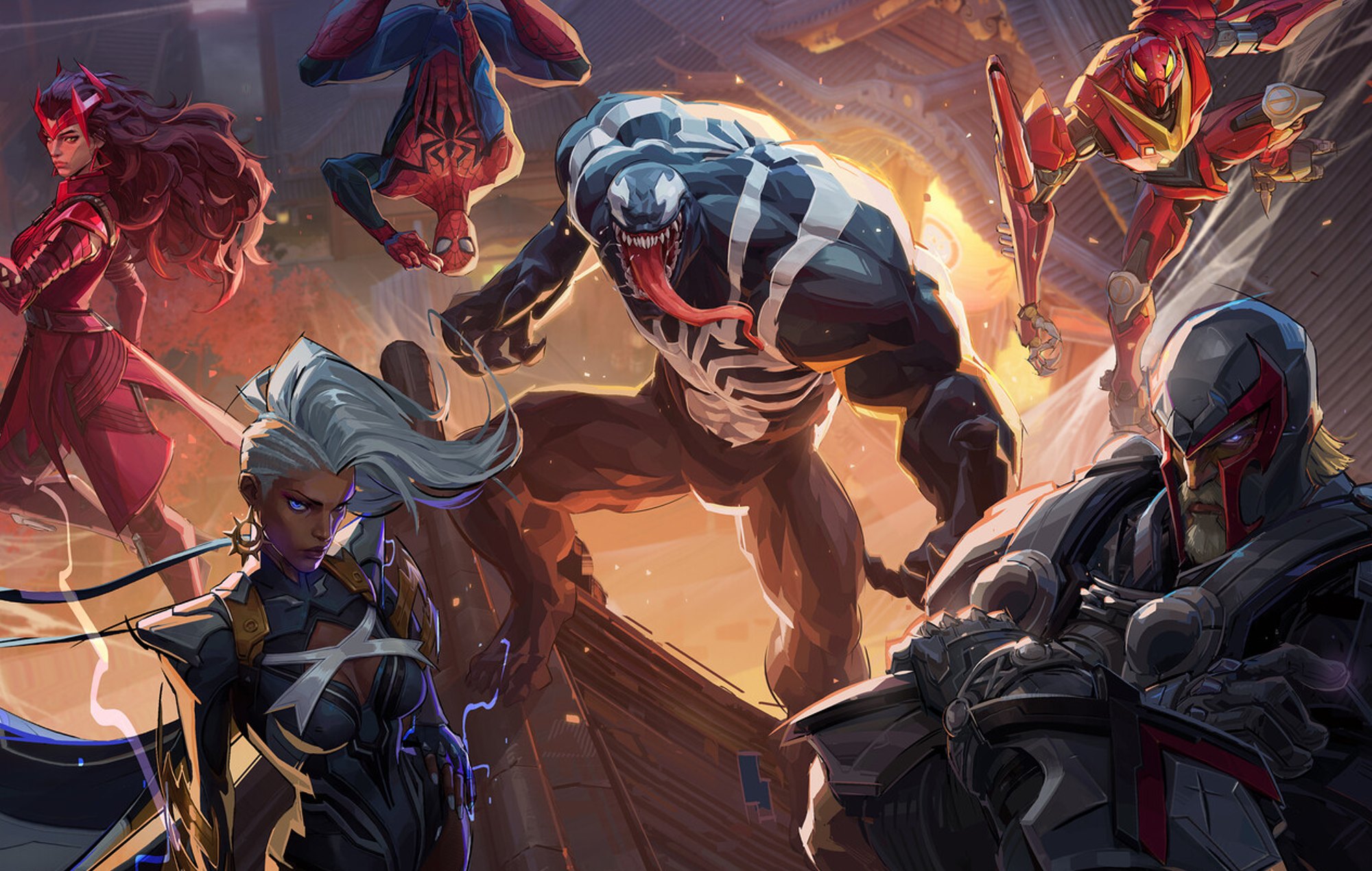 Dynamic illustration of Marvel characters from the game Marvel Rivals in an action-packed gaming environment.