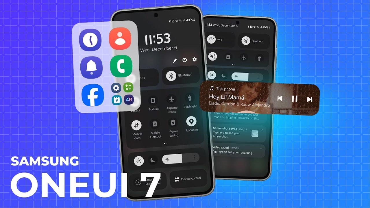 A modern and aesthetic graphic showcasing Samsung One UI 7 and 8 developments with vibrant tech colors and innovative designs.